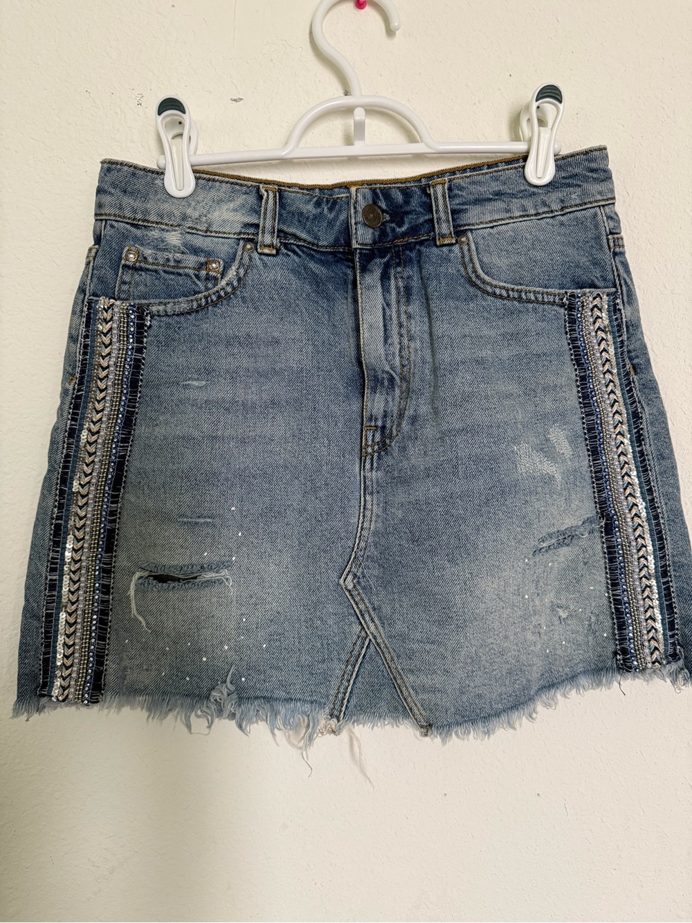 Free People Denim Mini Skirt with Embellished Side Trim - Blue